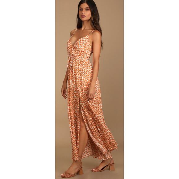 Lulu’s Forever Blooming Orange Floral Print Tiered Maxi Dress V Neck Wrap XS